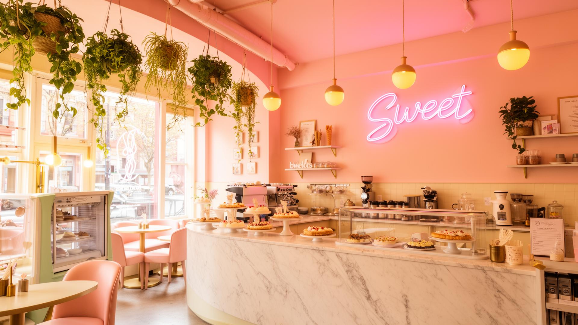 Inside Candy Cream Cafe with pastel pink walls and marble counter