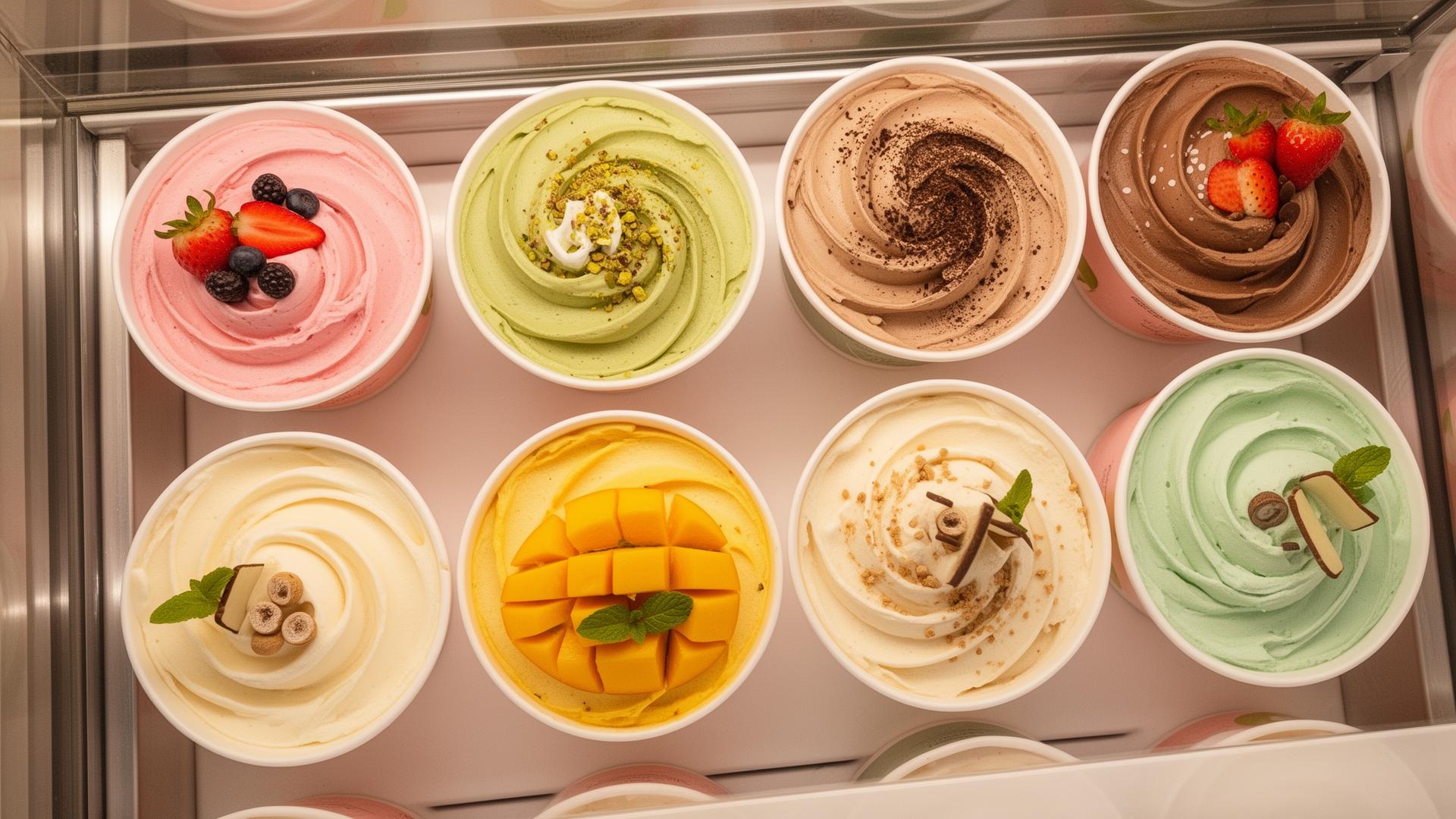 Pastel gelato tubs in display case